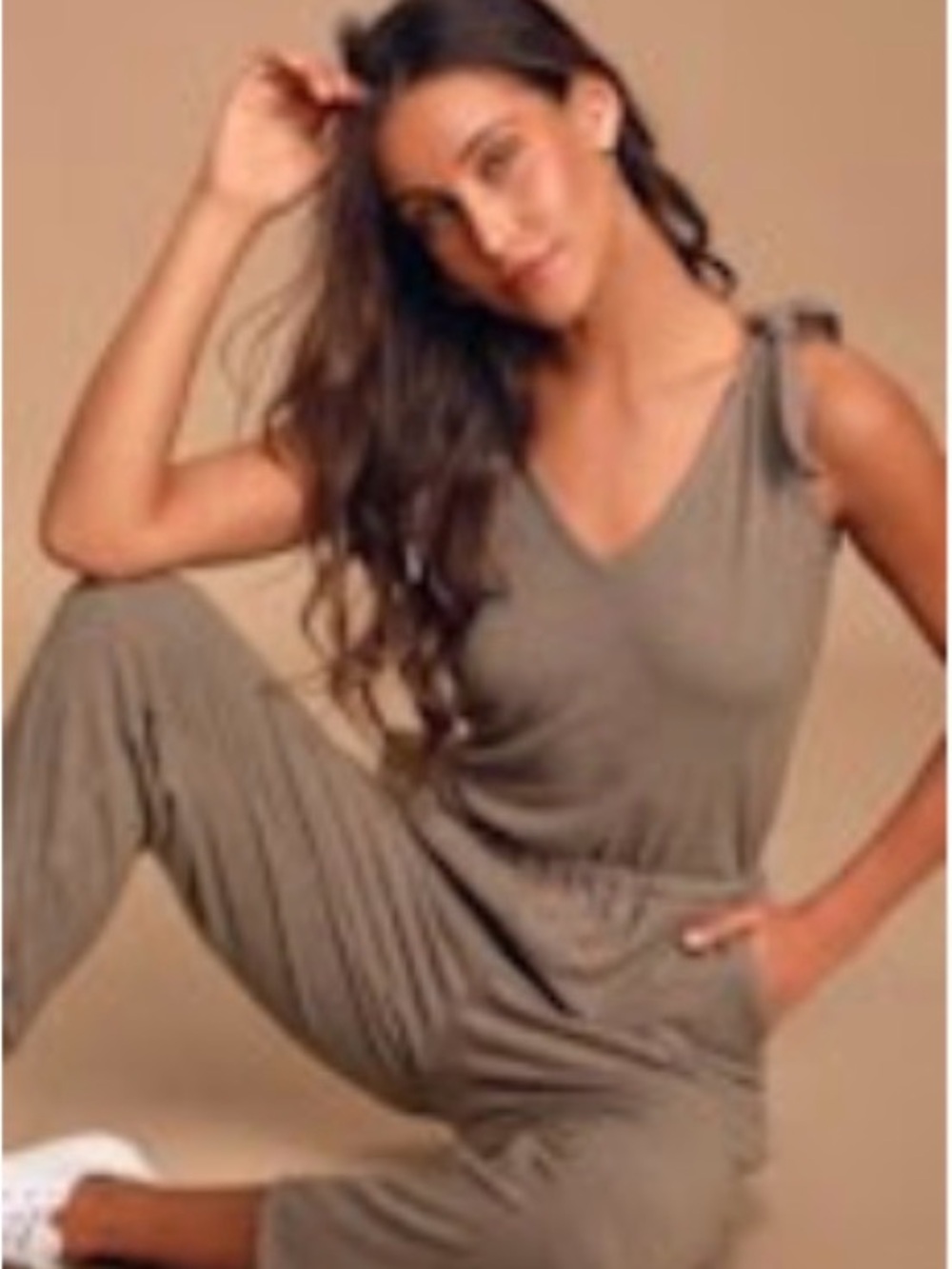 Lulu's Ribbed Tie-Strap Jumpsuit in Taupe